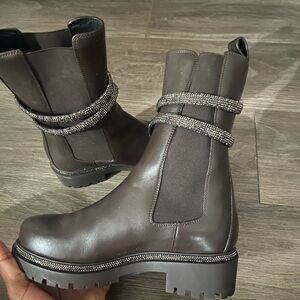 Rene Caovilla Brown Combat Boots with Rhinestone Accents